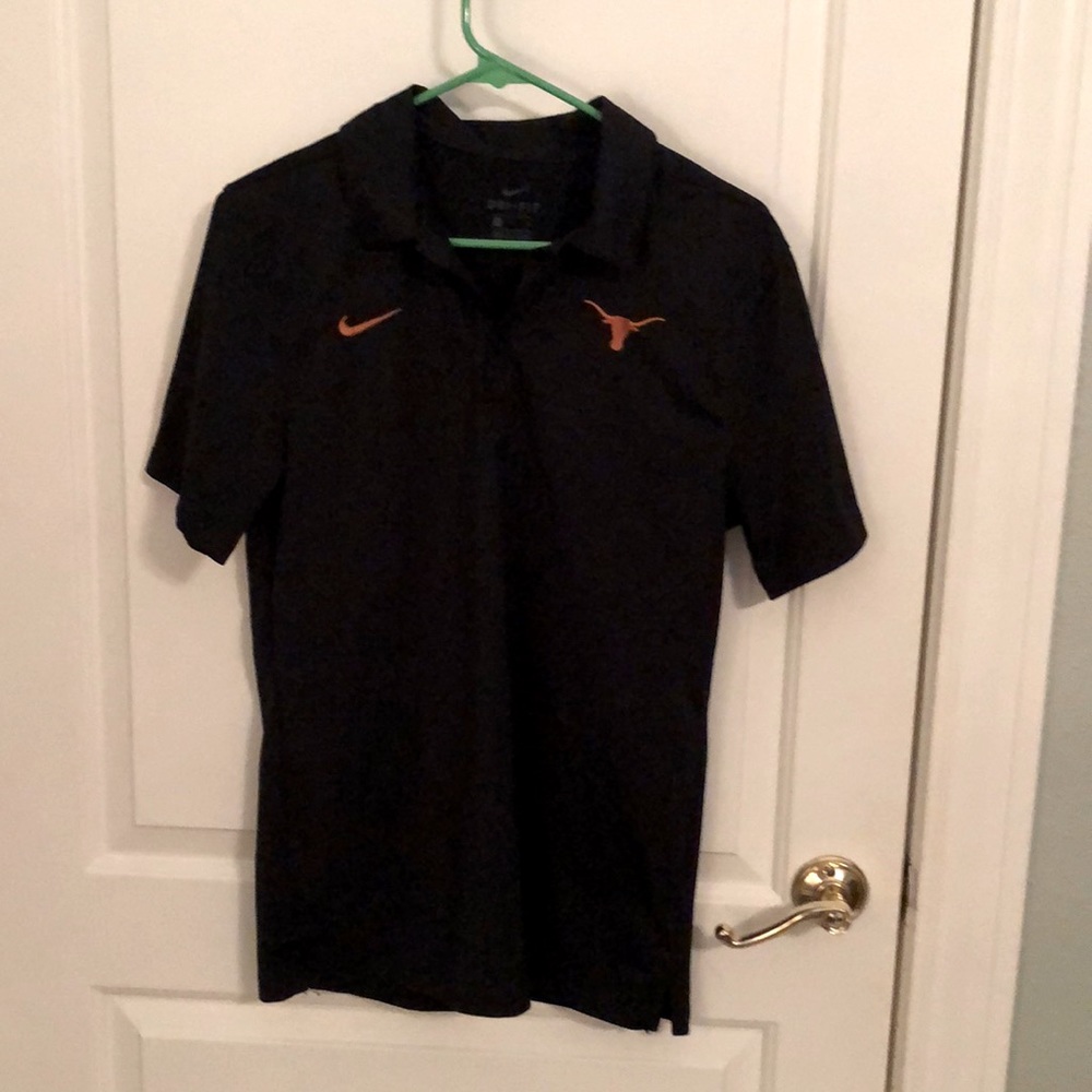 Nike Dri Fit black polo shirt. UT-Austin. Longhorn emblem.